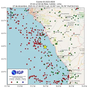 Mapa sísmico del sismo de magnitud 3.5 a 25 km al SO de Mala, Cañete - Lima, Perú