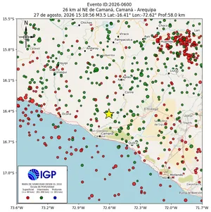 Mapa sísmico del sismo de magnitud 3.5 a 26 km al NE de Camaná, Camaná - Arequipa, Perú