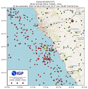 Mapa sísmico del sismo de magnitud 3.5 a 26 km al O de Chilca, Cañete - Lima, Perú
