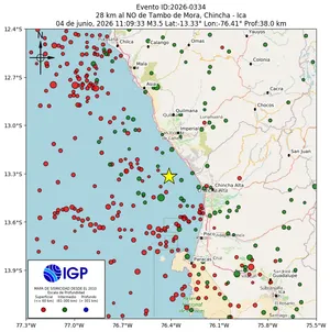 Mapa sísmico del sismo de magnitud 3.5 a 28 km al NO de Tambo de Mora, Chincha - Ica, Perú