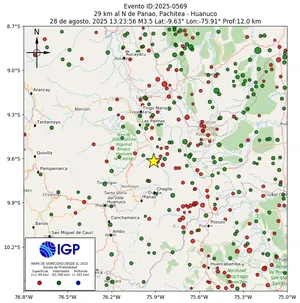 Mapa sísmico del sismo de magnitud 3.5 a 29 km al N de Panao, Pachitea - Huanuco, Perú