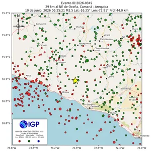Mapa sísmico del sismo de magnitud 3.5 a 29 km al NE de Ocoña, Camaná - Arequipa, Perú