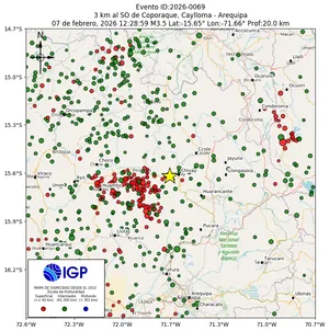 Mapa sísmico del sismo de magnitud 3.5 a 3 km al SO de Coporaque, Caylloma - Arequipa, Perú
