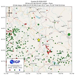 Mapa sísmico del sismo de magnitud 3.5 a 30 km al O de Ocuviri, Lampa - Puno, Perú
