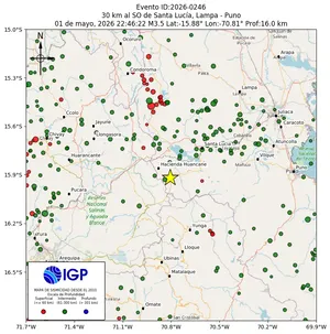 Mapa sísmico del sismo de magnitud 3.5 a 30 km al SO de Santa Lucía, Lampa - Puno, Perú