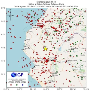 Mapa sísmico del sismo de magnitud 3.5 a 31 km al NO de Sullana, Sullana - Piura, Perú