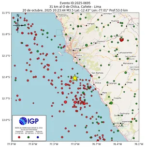 Mapa sísmico del sismo de magnitud 3.5 a 31 km al O de Chilca, Cañete - Lima, Perú
