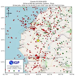 Mapa sísmico del sismo de magnitud 3.5 a 34 km al NO de Lancones, Sullana - Piura, Perú