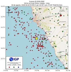 Mapa sísmico del sismo de magnitud 3.5 a 34 km al O de Chilca, Cañete - Lima, Perú