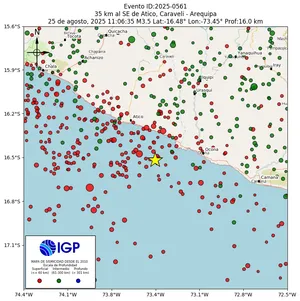 Mapa sísmico del sismo de magnitud 3.5 a 35 km al SE de Atico, Caraveli - Arequipa, Perú