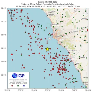 Mapa sísmico del sismo de magnitud 3.5 a 35 km al SO de Callao, Provincia Constitucional del Callao, Perú