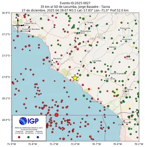 Mapa sísmico del sismo de magnitud 3.5 a 35 km al SO de Locumba, Jorge Basadre - Tacna, Perú
