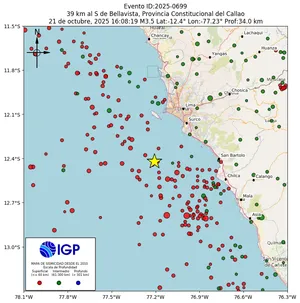 Mapa sísmico del sismo de magnitud 3.5 a 39 km al S de Bellavista, Provincia Constitucional del Callao, Perú