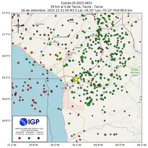 Mapa sísmico del sismo de magnitud 3.5 a 39 km al S de Tacna, Tacna - Tacna, Perú