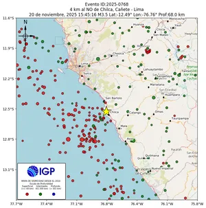 Mapa sísmico del sismo de magnitud 3.5 a 4 km al NO de Chilca, Cañete - Lima, Perú