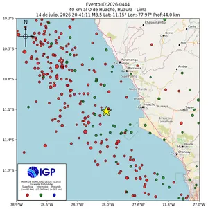 Mapa sísmico del sismo de magnitud 3.5 a 40 km al O de Huacho, Huaura - Lima, Perú