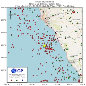 Mapa sísmico del sismo de magnitud 3.5 a 40 km al SO de Chilca, Cañete - Lima, Perú