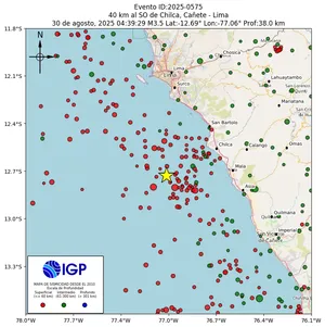 Mapa sísmico del sismo de magnitud 3.5 a 40 km al SO de Chilca, Cañete - Lima, Perú