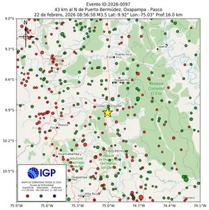 Mapa sísmico del sismo de magnitud 3.5 a 43 km al N de Puerto Bermúdez, Oxapampa - Pasco, Perú
