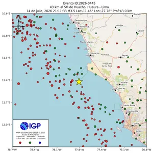 Mapa sísmico del sismo de magnitud 3.5 a 43 km al SO de Huacho, Huaura - Lima, Perú