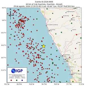 Mapa sísmico del sismo de magnitud 3.5 a 44 km al S de Huarmey, Huarmey - Áncash, Perú