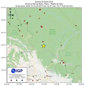 Mapa sísmico del sismo de magnitud 3.5 a 45 km al NO de Manu, Manu - Madre de Dios, Perú