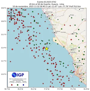 Mapa sísmico del sismo de magnitud 3.5 a 45 km al SO de Huacho, Huaura - Lima, Perú