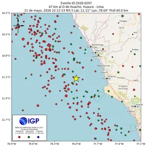 Mapa sísmico del sismo de magnitud 3.5 a 47 km al O de Huacho, Huaura - Lima, Perú