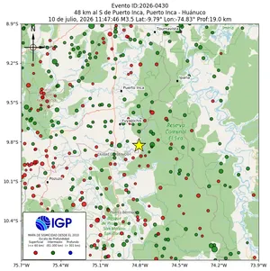 Mapa sísmico del sismo de magnitud 3.5 a 48 km al S de Puerto Inca, Puerto Inca - Huánuco, Perú