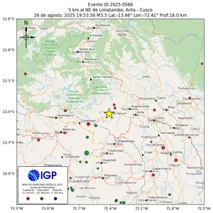 Mapa sísmico del sismo de magnitud 3.5 a 5 km al NE de Limatambo, Anta - Cusco, Perú