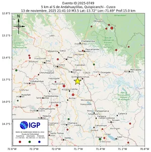 Mapa sísmico del sismo de magnitud 3.5 a 5 km al S de Andahuaylillas, Quispicanchi - Cusco, Perú