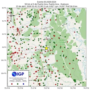Mapa sísmico del sismo de magnitud 3.5 a 50 km al S de Puerto Inca, Puerto Inca - Huánuco, Perú