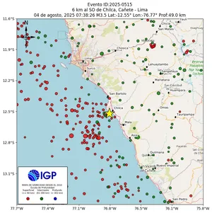 Mapa sísmico del sismo de magnitud 3.5 a 6 km al SO de Chilca, Cañete - Lima, Perú