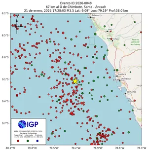 Mapa sísmico del sismo de magnitud 3.5 a 67 km al O de Chimbote, Santa - Áncash, Perú