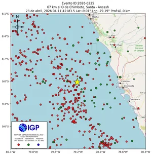 Mapa sísmico del sismo de magnitud 3.5 a 67 km al O de Chimbote, Santa - Áncash, Perú