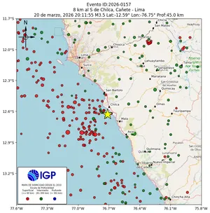 Mapa sísmico del sismo de magnitud 3.5 a 8 km al S de Chilca, Cañete - Lima, Perú