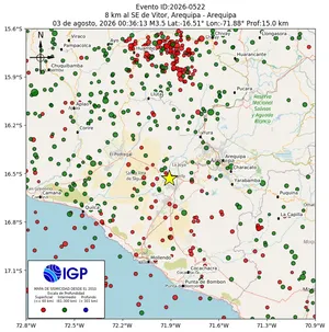 Mapa sísmico del sismo de magnitud 3.5 a 8 km al SE de Vitor, Arequipa - Arequipa, Perú