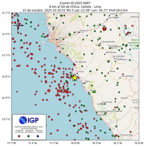 Mapa sísmico del sismo de magnitud 3.5 a 8 km al SO de Chilca, Cañete - Lima, Perú