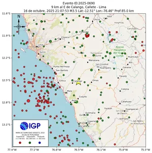 Mapa sísmico del sismo de magnitud 3.5 a 9 km al E de Calango, Cañete - Lima, Perú