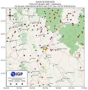 Mapa sísmico del sismo de magnitud 3.5 a 9 km al E de Jaén, Jaén - Cajamarca, Perú