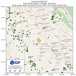 Mapa sísmico del sismo de magnitud 3.5 a 9 km al N de Chuschi, Cangallo - Ayacucho, Perú