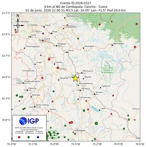 Mapa sísmico del sismo de magnitud 3.5 a 9 km al NO de Combapata, Canchis - Cusco, Perú