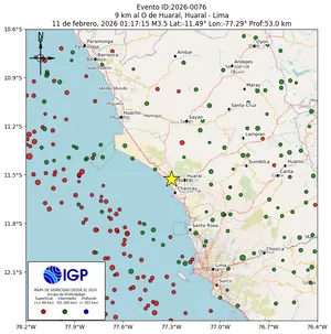 Mapa sísmico del sismo de magnitud 3.5 a 9 km al O de Huaral, Huaral - Lima, Perú