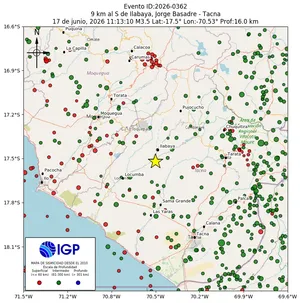 Mapa sísmico del sismo de magnitud 3.5 a 9 km al S de Ilabaya, Jorge Basadre - Tacna, Perú