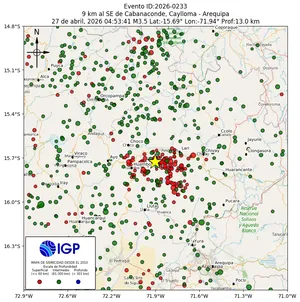 Mapa sísmico del sismo de magnitud 3.5 a 9 km al SE de Cabanaconde, Caylloma - Arequipa, Perú
