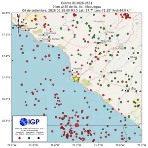 Mapa sísmico del sismo de magnitud 3.5 a 9 km al SE de Ilo, Ilo - Moquegua, Perú