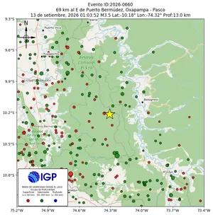 Mapa sísmico del sismo de magnitud 3.5 a 69 km al E de Puerto Bermúdez, Oxapampa - Pasco, Perú