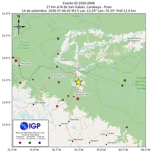 Mapa sísmico del sismo de magnitud 3.5 a 17 km al N de San Gabán, Carabaya - Puno, Perú
