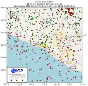 Mapa sísmico del sismo de magnitud 3.6 a 10 km al N de Quilca, Camaná - Arequipa, Perú