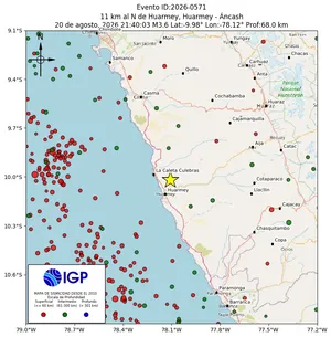 Mapa sísmico del sismo de magnitud 3.6 a 11 km al N de Huarmey, Huarmey - Áncash, Perú